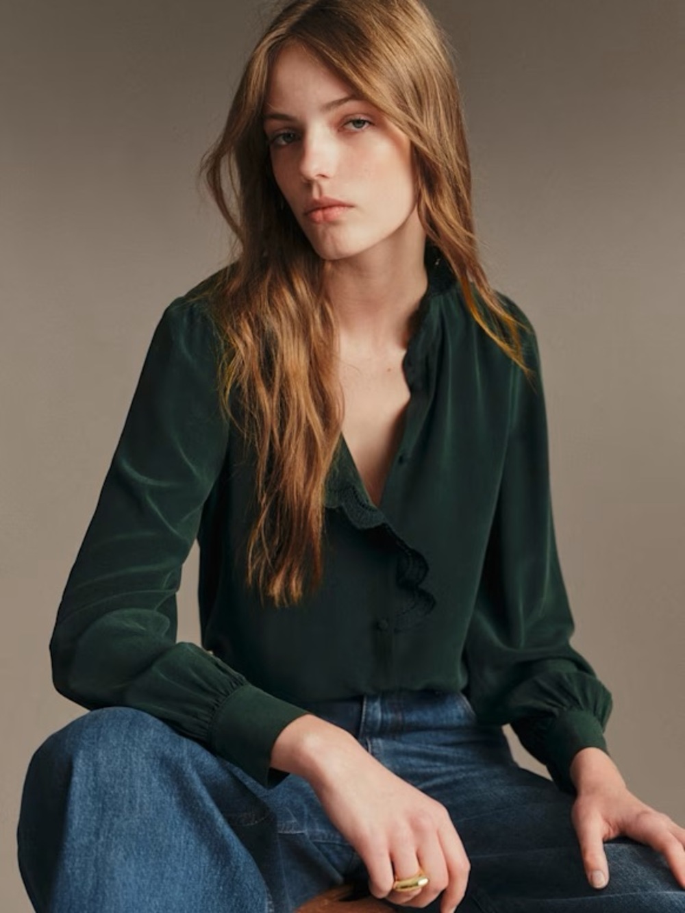 Sezane chlo shirt bottle green scalloped asymmetrical collar 100% silk blouse